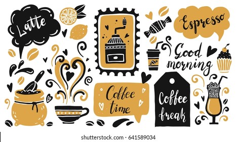 Set of coffee time elements with food, coffee beans, glass, cupcake, lettering text, cup, coffee mill. Hand drawn doodle and flat style. Vector illustration for coffee shop banner, icon, card.