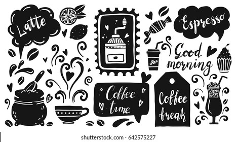 Set Of Coffee Time Elements With Food, Coffee Beans, Glass, Cupcake, Lettering Text, Cup, Coffee Mill. Hand Drawn Doodle And Flat Style. Vector Illustration For Coffee Shop Banner, Icon, Card.