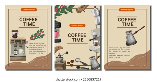 Conjunto de folhetos de tempo de café para café, café, café, barista, padaria. Ilustração A4 Vetor para cartaz, banner, capa, folheto, menu, publicidade.