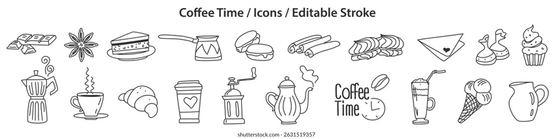 Set of Coffee Time icons in doodle style, line design, editable stroke, vector illustration