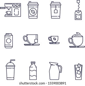 Set of coffee time icons. Flat vector icons cup of coffee, latte, cocktails, mild and tea. Minimalism. Drink icons.  Coffee to go. Tea time. 