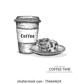 Set of coffee time illustration. Hand drawn collection by ink and pen sketch. Isolated vector elements.
