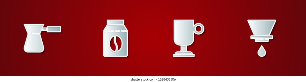 Set Coffee turk, Bag coffee beans, Irish and V60 maker icon. Vector.