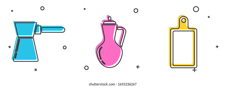 Set Coffee turk , Bottle of olive oil  and Cutting board  icon. Vector