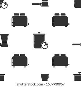 Set Coffee turk , Cooking pot and kitchen timer  and Toaster with toasts  on seamless pattern. Vector