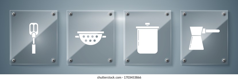 Set Coffee turk , Cooking pot , Kitchen colander  and Spatula . Square glass panels. Vector
