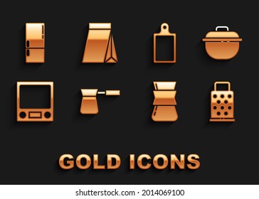 Set Coffee turk, Cooking pot, Grater, Electronic scales, Cutting board, Refrigerator and Bag coffee beans icon. Vector