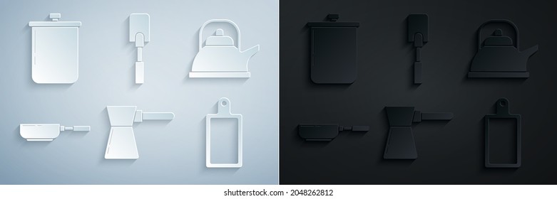 Set Coffee turk, Kettle with handle, Frying pan, Cutting board, Spatula and Cooking pot icon. Vector