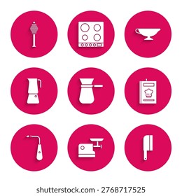 Set Coffee turk, Kitchen meat grinder, Meat chopper, Cookbook, Long electric lighter, Moka pot, Sauce boat and Honey dipper stick icon. Vector