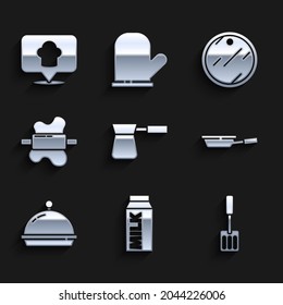 Set Coffee turk, Paper package for milk, Spatula, Frying pan, Covered with tray food, Rolling pin on dough, Cutting board and Chef hat location icon. Vector