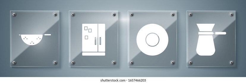 Set Coffee turk, Plate, Refrigerator and Kitchen colander. Square glass panels. Vector