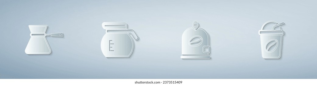 Set Coffee turk, pot, Bag coffee beans and Iced. Paper art style. Vector