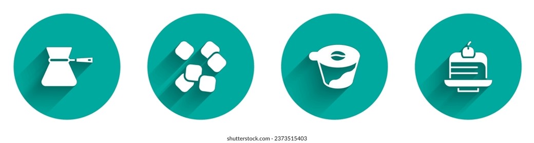 Set Coffee turk, Sugar cubes, Pour over coffee maker and Piece cake icon with long shadow. Vector