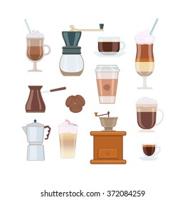 Set of Coffee Types and Coffee Accessories on White Background. Vector illustration  