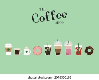 Set of coffee types and packages. Coffee menu vector illustration. Collection of glasses with cappuccino, latte, espresso, americano, mocha, frappuccino. Take away. Vector of coffee shop concept.