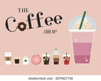 Set of coffee types and packages. Coffee menu vector illustration. Collection of glasses with cappuccino, latte, espresso, americano, mocha, frappuccino. Take away. Vector of coffee shop concept.