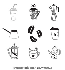 Set of coffee utensils tableware: single use cup,mug, moka pot, cezve,roasted coffee beans, paper cup, french press and teapot. Vector illustration 9 icons for menu, cards,posters printable.