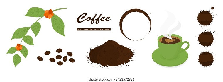 Set Kaffee. Vektorgrafik von Kaffee, Grafikdesign Elemente für Dekoration, Verpackung, Plakat und Banner. Handgezogene Kaffeebohnen, Tasse, Ringe, Flecken, Tropfen und Splash.Flache Vektorgrafik