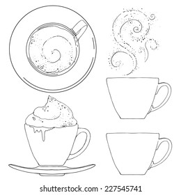 Set coffee vector. Curls of steam, magic vortices. Sketch a line