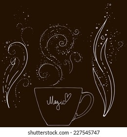 Set coffee vector. Curls of steam, magic vortices. Sketch a line