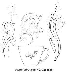 Set coffee vector. Curls of steam, magic vortices. Sketch a line