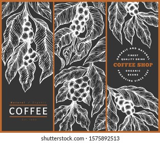 Set of coffee vector design templates. Vintage coffee background. Hand drawn engraved style illustration on chalk board.