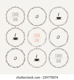 Set of coffee vector framework of the vines with hearts and cups and coffee beans