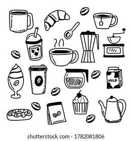 Conjunto de ilustraciones del vector del café dibujadas en estilo doodle aisladas en fondo blanco 