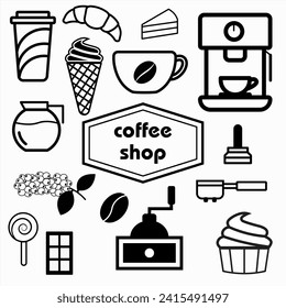 Set of coffee vector illustration. Coffee maker machine, Espresso cup, cappuccino, Latte, isolated set on white background
