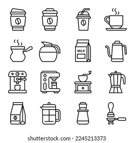 Set of Coffee Vector Line Icons. Contains such Icons as Cezve, Coffee Maker Machine, Beans and more. Barista icons set. coffee icon pack. Set of barista vector icons for web design