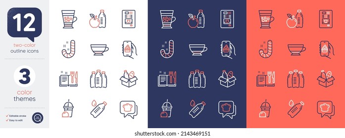 Set of Coffee vending, Food donation and Water bottle line icons. Include Water bottles, Healthy food, Candy icons. Dry cappuccino, Frappe, Cooking hat web elements. Ice cream milkshake. Vector