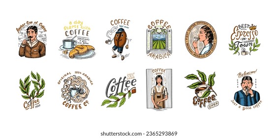 Set of coffee in vintage style. Woman and man with a cup of drink. Vintage badge or logo set for t-shirts, typography, shop or signboards. Beans and leaves. Hand Drawn engraved sketch. 