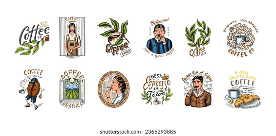 Set of coffee in vintage style. Woman and man with a cup of drink. Vintage badge or logo set for t-shirts, typography, shop or signboards. Beans and leaves. Hand Drawn engraved sketch. 