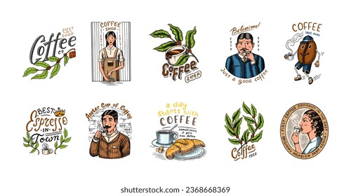 Set of coffee in vintage style. Woman and man with a cup of drink. Vintage badge or logo set for t-shirts, typography, shop or signboards. Beans and leaves. Hand Drawn engraved sketch. 