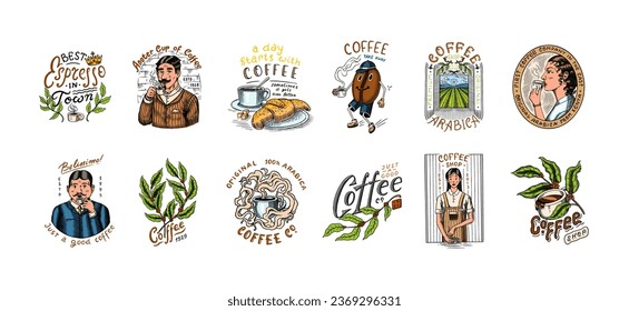 Set of coffee in vintage style. Woman and man with a cup of drink. Vintage badge or logo set for t-shirts, typography, shop or signboards. Beans and leaves. Hand Drawn engraved sketch. 