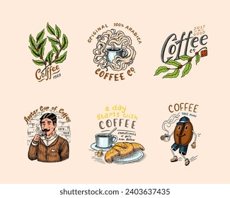 Set of coffee in vintage style. Woman and man with a cup of drink. Vintage badge or logo set for t-shirts, typography, shop or signboards. Beans and leaves. Hand Drawn engraved sketch. 