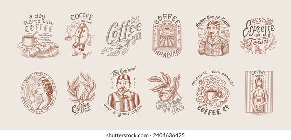 Set of coffee in vintage style. Woman and man with a cup of drink. Vintage badge or logo set for t-shirts, typography, shop or signboards. Beans and leaves. Hand Drawn engraved sketch. 