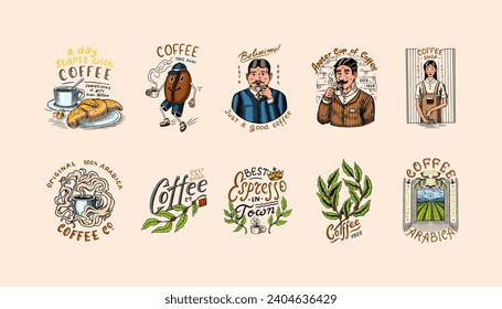 Set of coffee in vintage style. Woman and man with a cup of drink. Vintage badge or logo set for t-shirts, typography, shop or signboards. Beans and leaves. Hand Drawn engraved sketch. 