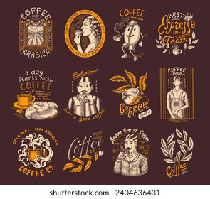 Café de estilo vintage. Mujer y hombre con una taza de bebida. Juego de insignias o logotipo vintage para camisetas, tipografía, tienda o carteles. Judías y judías. Dibujo grabado a mano. 