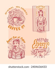 Set of coffee in vintage style. Woman and man with a cup of drink. Vintage badge or logo set for t-shirts, typography, shop or signboards. Beans and leaves. Hand Drawn engraved sketch. 