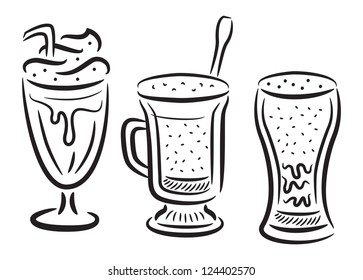 set of coffee with whipped cream  icon in doodle style