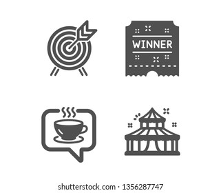 Set of Coffee, Winner ticket and Archery icons. Circus sign. Cafe, Carousels award, Attraction park.  Classic design coffee icon. Flat design. Vector