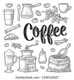 Set coffee. Wooden scoop, bean, sack, hand-held grinder, sugar, branch with leaf and berry, paper cup, spoon, glass latte macchiato with whipped cream. Vintage black vector engraving isolated on white
