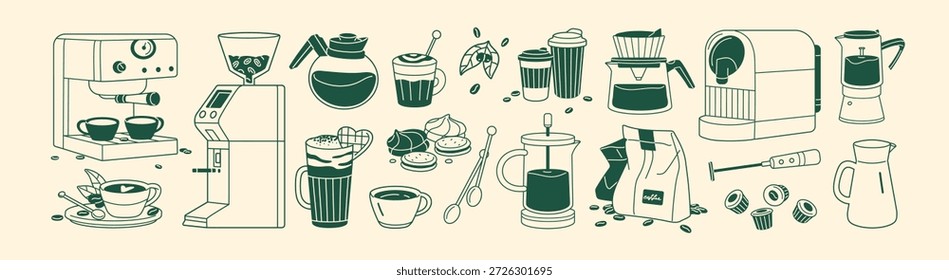 Set von Kaffeehausartikeln. Verschiedene Coffeeshop-Geräte, Getränke und Desserts. Kaffeemaschine, Teekannen, Papierbecher und Becher mit heißen Getränken, Donuts. Flache, einzelne Vektorgrafiken mit Umrissen