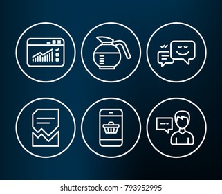 Set of Coffeepot, Smartphone buying and Corrupted file icons. Happy emotion, Web traffic and Person talk signs. Brewed coffee, Website shopping, Damaged document. Vector