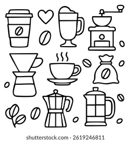 Set of coffee-related icons including mugs, makers, beans and cups in outline style