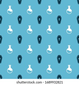 Set Coffin with christian cross  and Bottle with potion  on seamless pattern. Vector