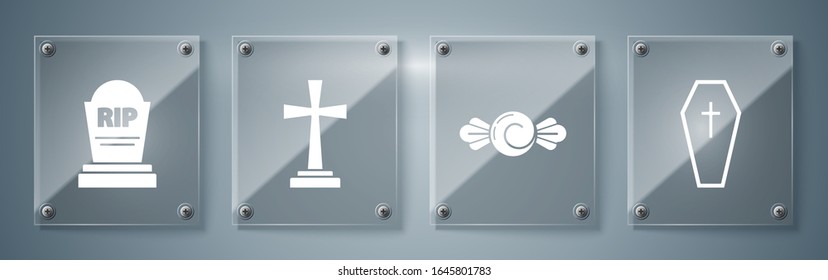 Set Coffin with christian cross , Candy , Tombstone with cross  and Tombstone with RIP. Square glass panels. Vector