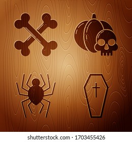 Set Coffin with christian cross , Crossed bones , Spider  and Pumpkin and skull  on wooden background. Vector