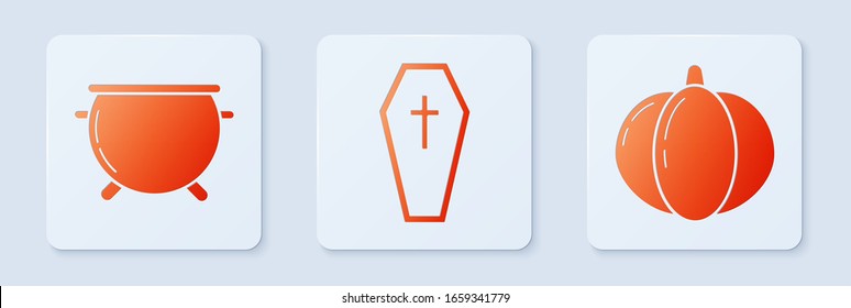 Set Coffin with christian cross , Halloween witch cauldron  and Pumpkin . White square button. Vector